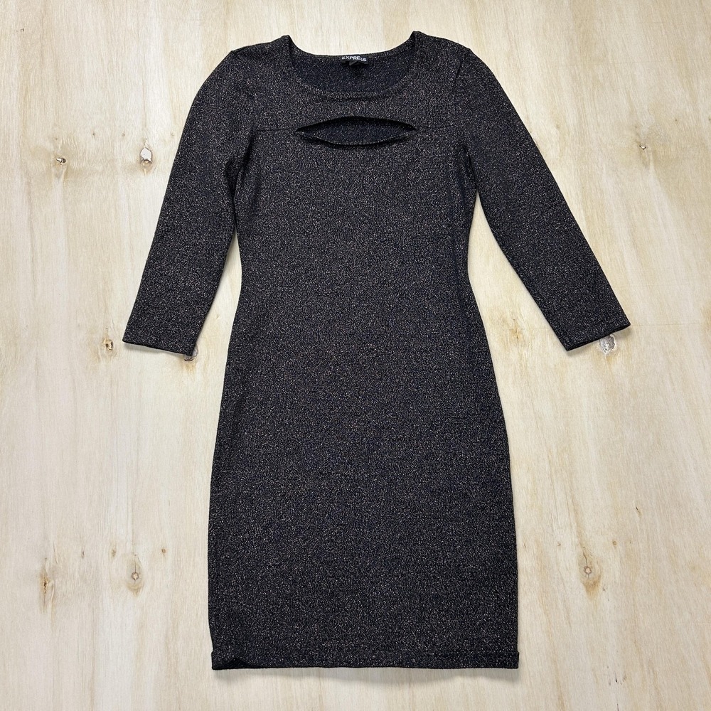 Y2K Express Dress Womens XS‎ Black Glitter Cutout Knit Bodycon Knee Length Party